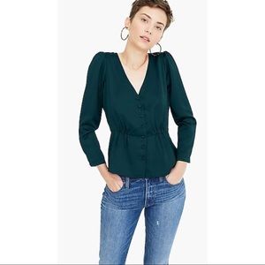 J Crew Blouse Green Peplum Button Down V-Neck Blouse
